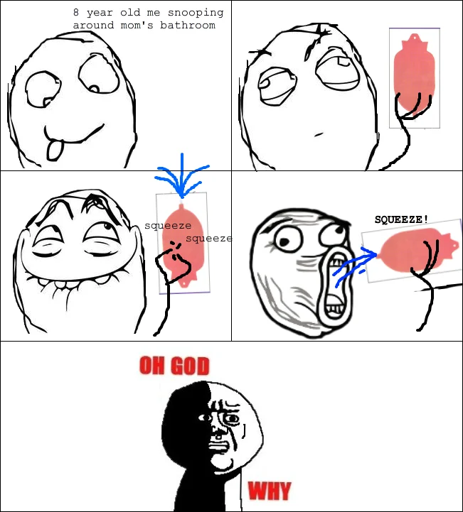 Rage comic depicting a child snooping in a bathroom, ending with Oh God Why face