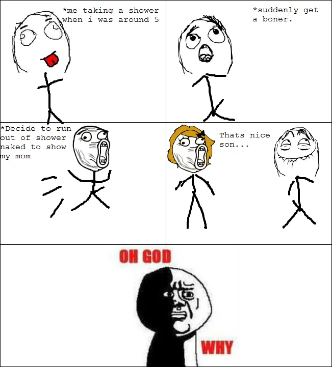 Rage comic depicting an awkward childhood shower incident, concluding with Oh God Why face