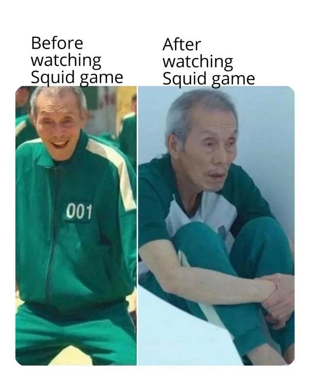Oh Il Nam Standing And Sitting — Two-panel contrast of Oh Il-Nam cheerful standing versus dejected sitting from Squid Game.
