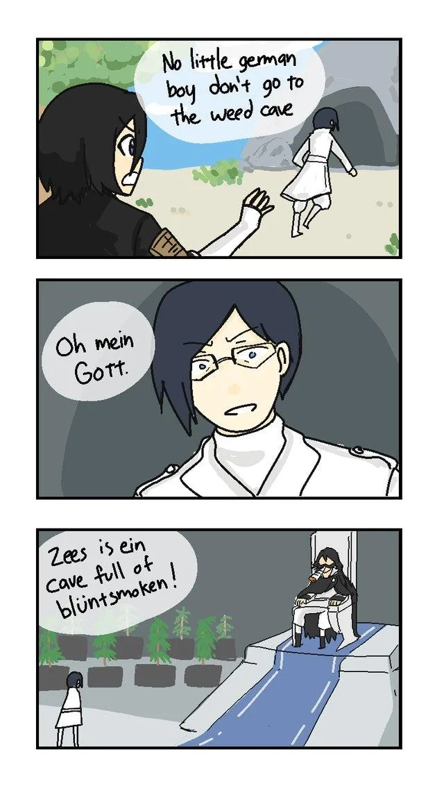 Oh Mein Gott Zees Is Ein Cave Full Of Blüntsmoken! — Three-panel comic illustrating the German boy weed cave meme with anime-style characters