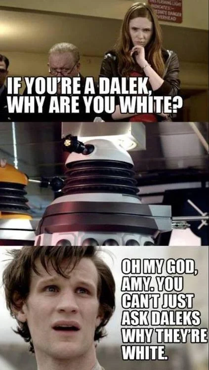 Oh My God, Karen, You Can't Just Ask Someone Why They're White — Doctor Who meme with Amy Pond, a white Dalek, and the Eleventh Doctor