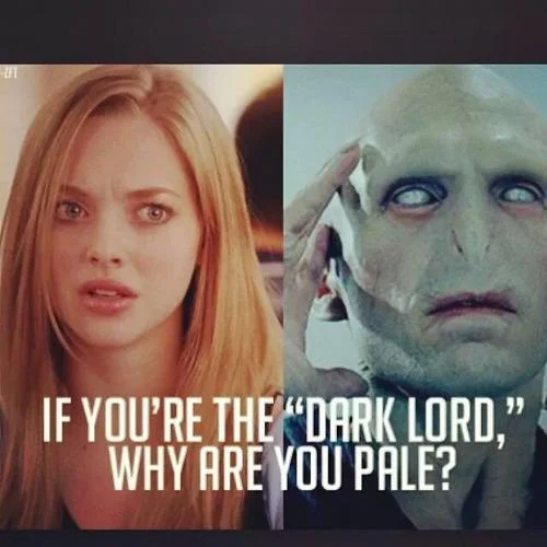 Oh My God, Karen, You Can't Just Ask Someone Why They're White — Karen from Mean Girls next to Voldemort with a caption asking why the Dark Lord is pale