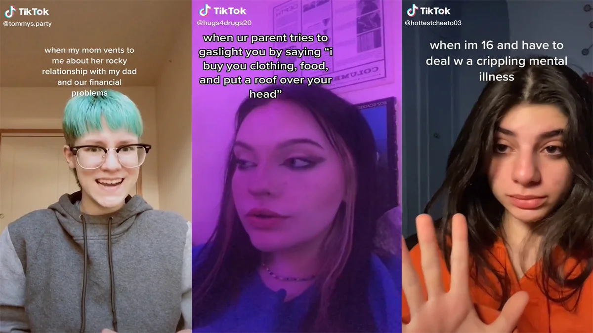 Oh, Once Again I Am A Child — Three side-by-side TikTok screenshots of teens with captions about parental venting, gaslighting, and mental illness at 16.