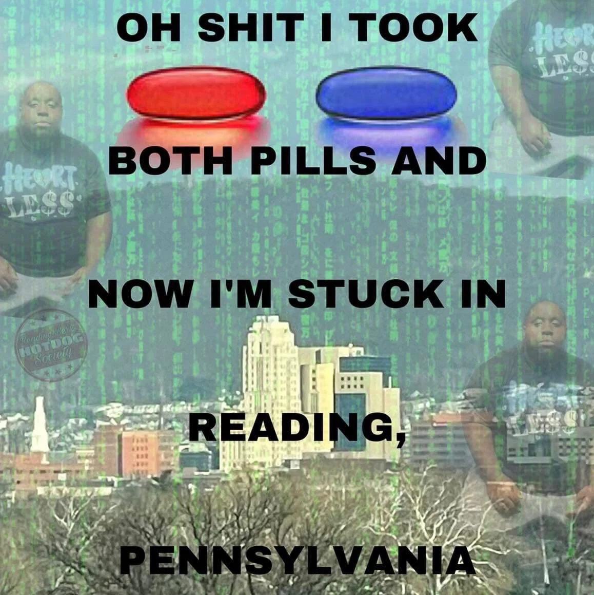 Oh Shit I Took Both Pills — Both pills meme ending with a figure alone in a desert and the caption 'Quine's ontological desert'.