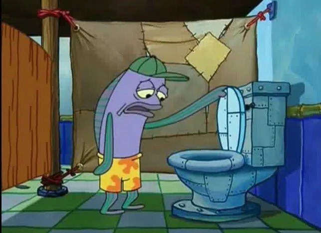 Oh Thats Real Nice Spongebob Fish Looking Into Toilet — SpongeBob fish character peering into open toilet bowl in cartoon bathroom
