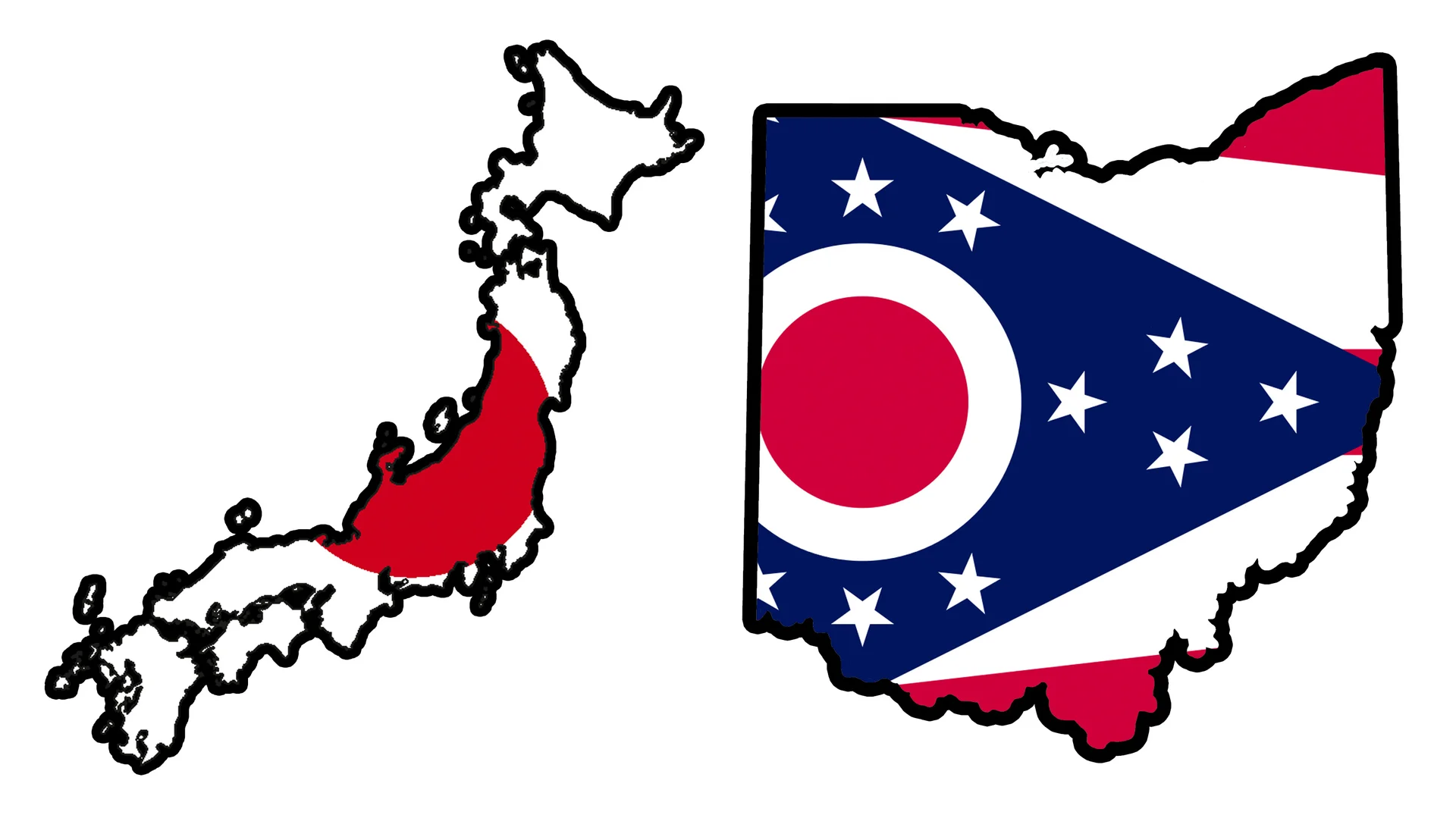 "Ohio" in Japan — Outline maps of Japan with Japanese flag and Ohio with Ohio flag side by side