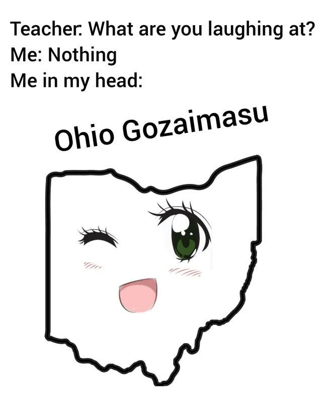 "Ohio" in Japan — Meme with anime wink face inside Ohio outline captioned Ohio Gozaimasu classroom joke