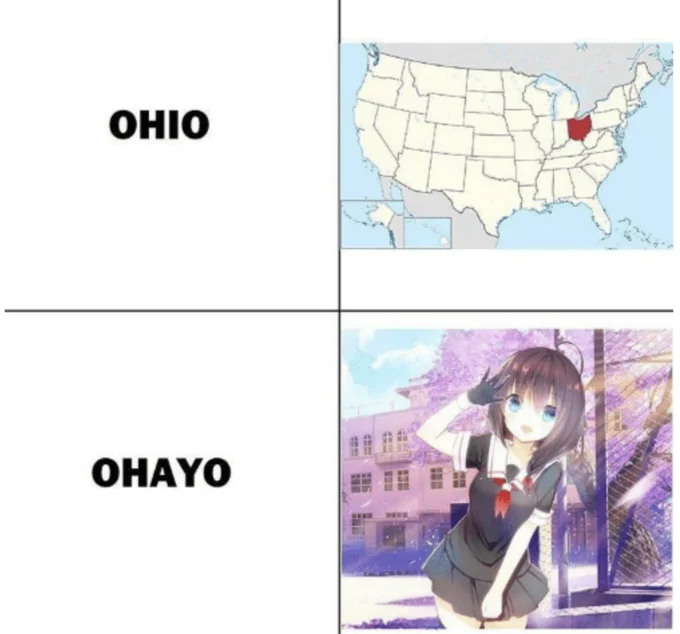 "Ohio" in Japan — Two-panel meme comparing Ohio on US map with Ohayo anime schoolgirl saluting