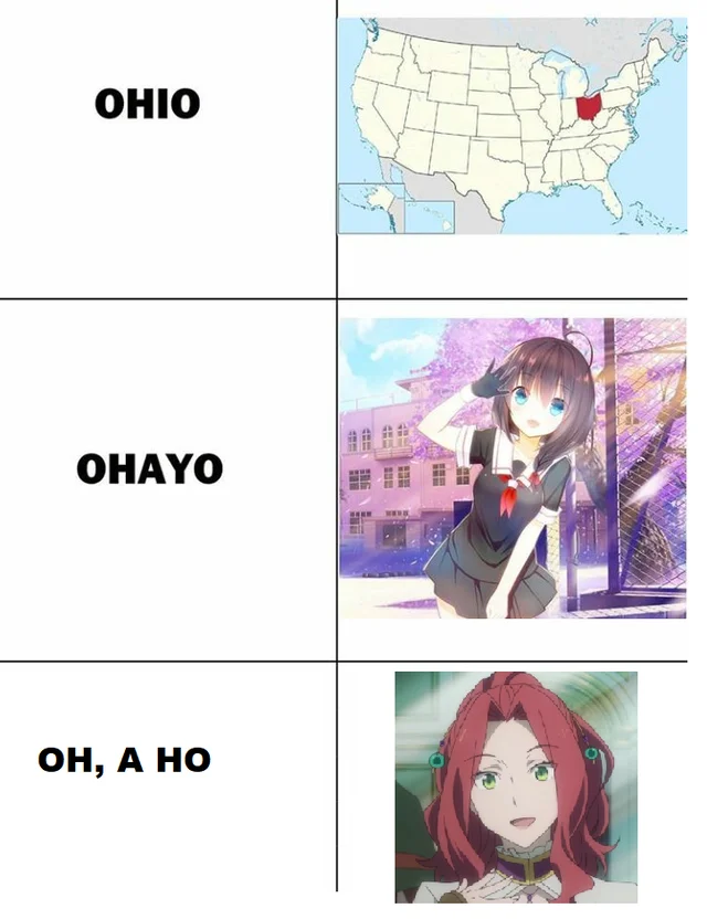 "Ohio" in Japan — Three-panel meme labeled Ohio, Ohayo and Oh a ho with corresponding map and anime images