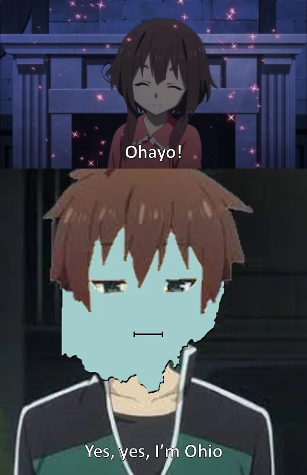 "Ohio" in Japan — Anime meme with girl saying Ohayo and boy replying Yes yes I'm Ohio with Ohio-shaped face overlay