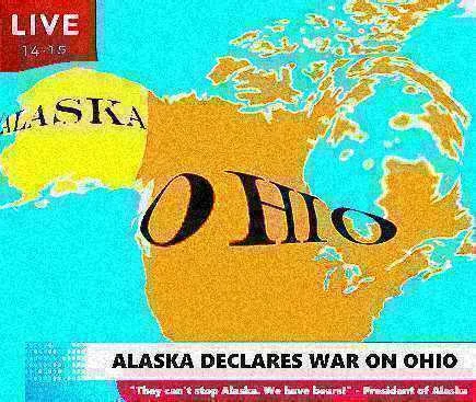 Ohio Memes — Parody news broadcast showing Alaska declaring war on Ohio with map graphics and newscaster formatting.