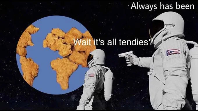 Ohio Memes — Astronauts meme with Earth replaced by fried chicken, dialogue about tendies with Ohio flag imagery.