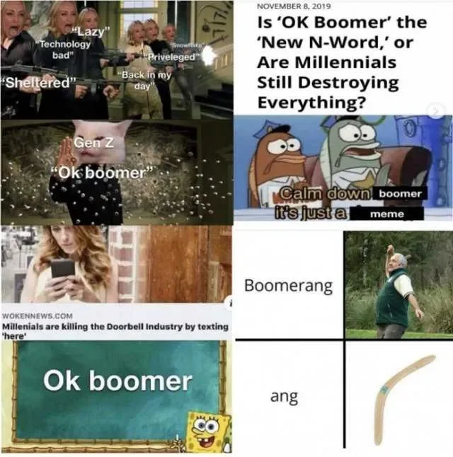Grid compilation showing diverse OK Boomer meme formats and headlines from 2019.
