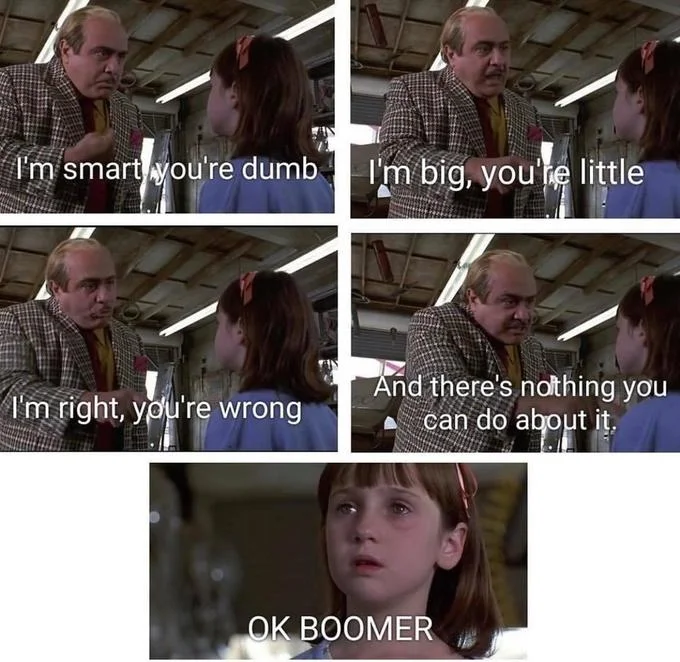 Five-panel Office scene with escalating condescension ending in OK BOOMER counter.