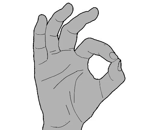 Ok Hand Sign — Minimalist gray illustrated hand making universal ok sign gesture on white background.