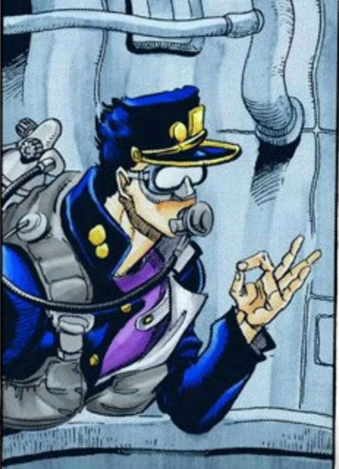 OK Symbol 👌 — Manga panel of Jotaro Kujo in diving gear making the OK hand sign underwater.