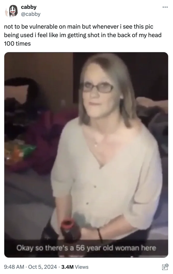 Okay So There's a 56 Year Old Woman Here — Tweet from cabby expressing distress over seeing the 56 year old woman meme, with the image attached