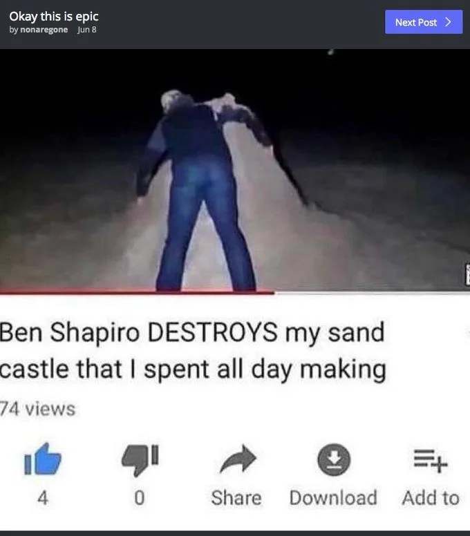 Reddit post 'Okay this is epic' with absurdist Ben Shapiro destroys sandcastle joke.