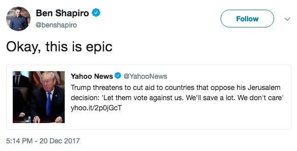 Okay This Is Epic — Screenshot of Ben Shapiro's December 20, 2017 tweet 'Okay, this is epic.'