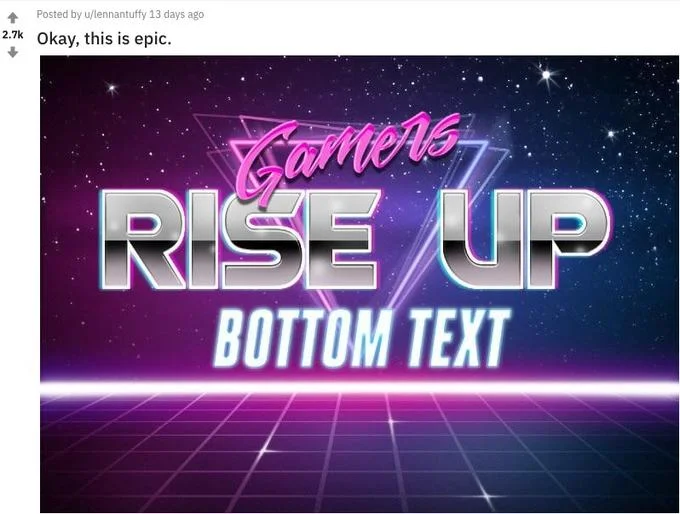 Neon vaporwave graphic with 'Games RISE UP' text and 'Okay this is epic' header.