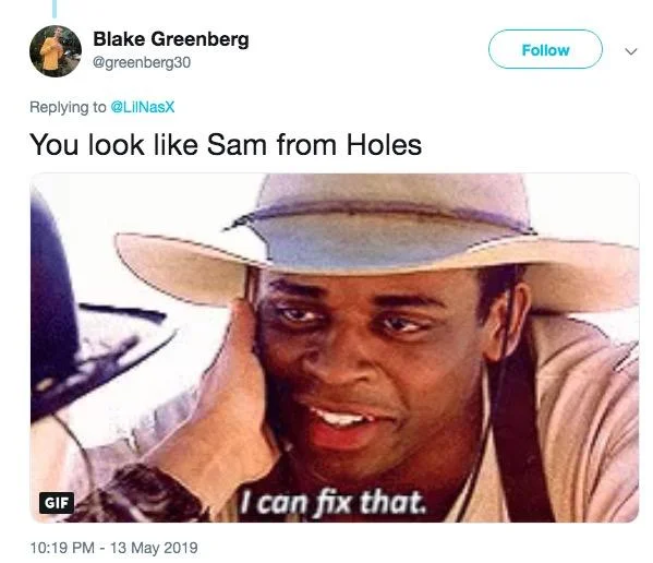 Old Town Road — Twitter from Blake Greenberg comparing Nas X cowboy image to Holes character.