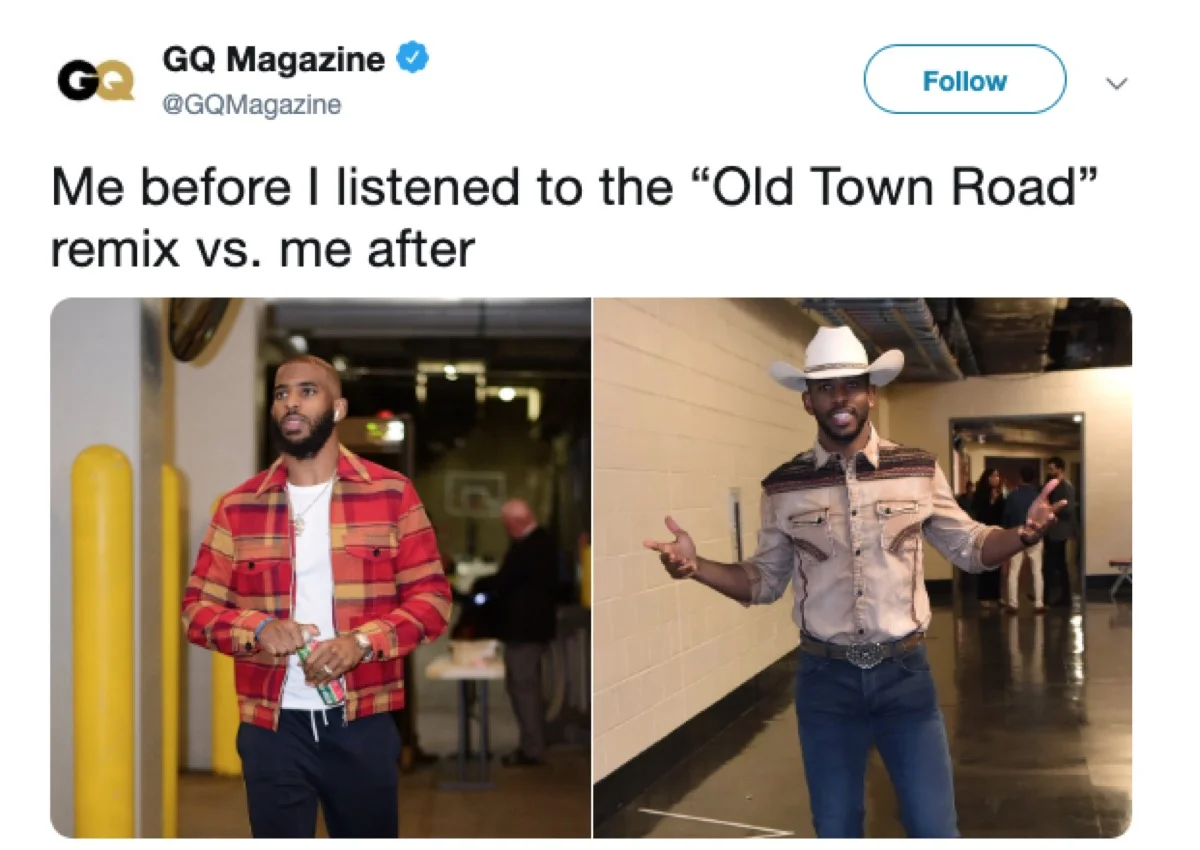 Old Town Road — GQ Magazine Twitter before/after comparison of listeners in country fashion.