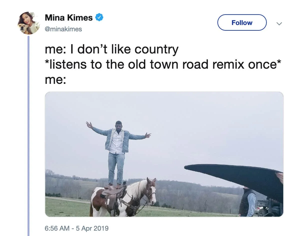 Old Town Road — Twitter screenshot from Mina Kimes with person on horse before airplane absurdist humor.