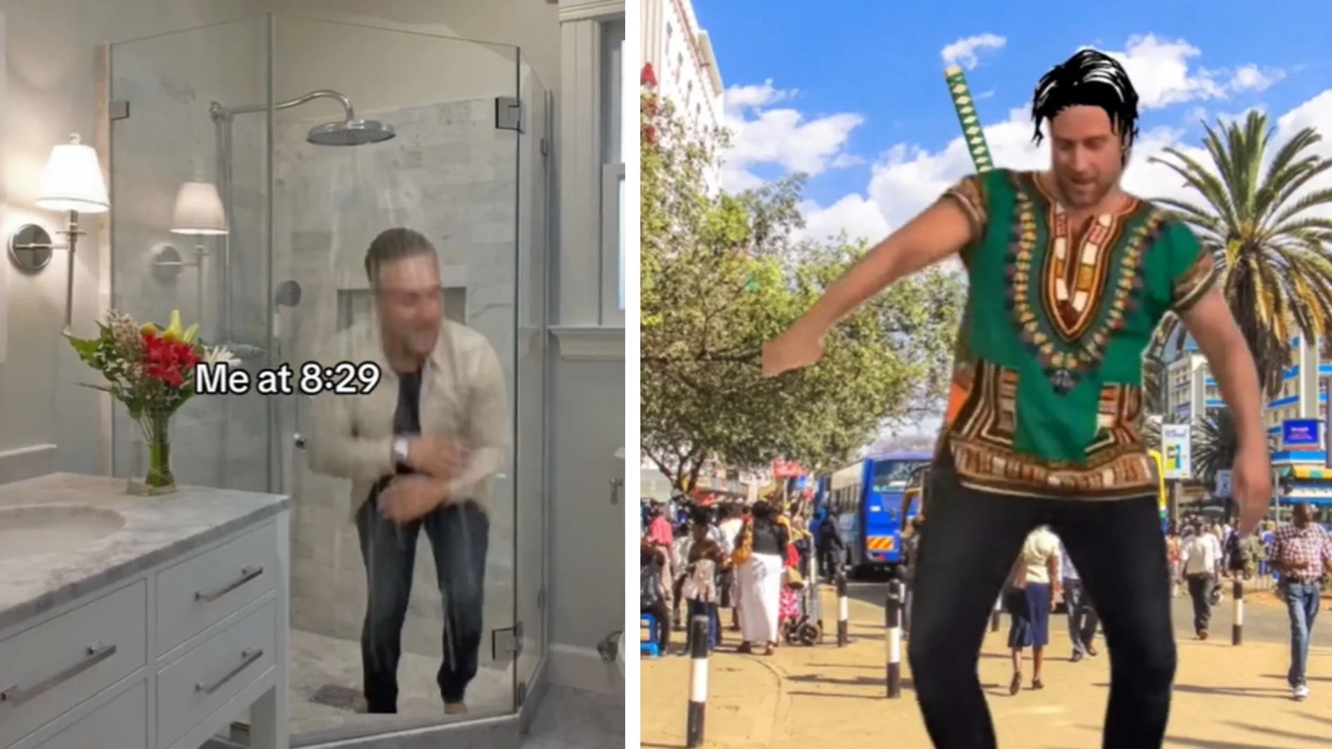 Oluwa Mark Dancing White Guy Dancing To Afrobeat Music — Side-by-side of a white man dancing in a shower and edited into a green dashiki dancing on an African
