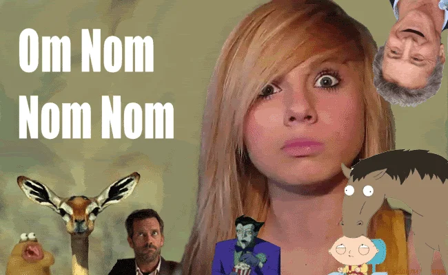 Animated collage with Om Nom Nom Nom text and various pop culture references