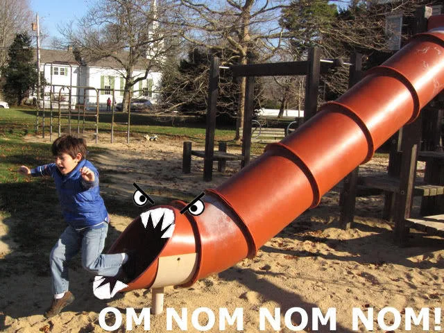 Om Nom Nom Nom — Playground slide edited with monster face appearing to chase child with om nom nom caption
