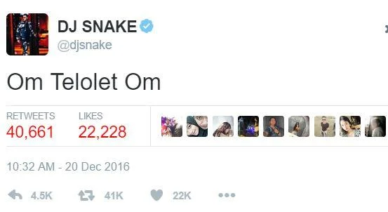 DJ SNAKE tweet from December 20, 2016 saying 'Om Telolet Om' with 40K retweets.