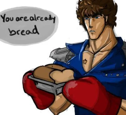 Omae Wa Mou Shindeiru — Hand-drawn character in boxing pose with red gloves and bread pun speech bubble.