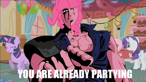 Omae Wa Mou Shindeiru — Character in vibrant neon colors with 'YOU ARE ALREADY PARTYING' text variation.