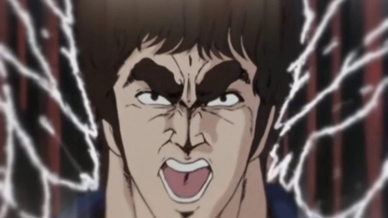 Omae Wa Mou Shindeiru — Original clean anime screenshot of character in legendary combat pose with extended fists.