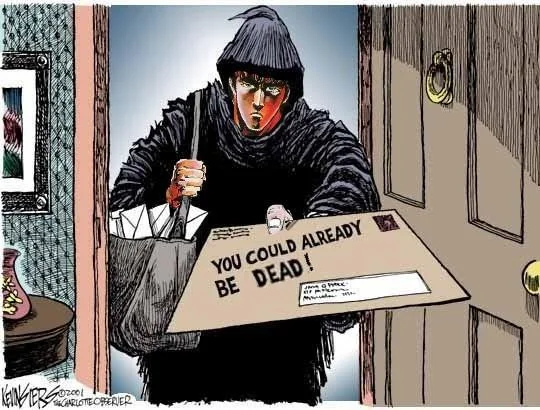 Omae Wa Mou Shindeiru — Black and white political cartoon with hooded figure and 'YOU COULD ALREADY BE DEAD' text.