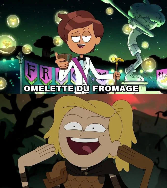 Messenger chat where one person replies only with omelette du fromage variations to a friend's questions.