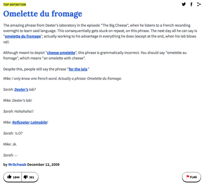 Urban Dictionary top definition entry for the phrase Omelette du fromage.