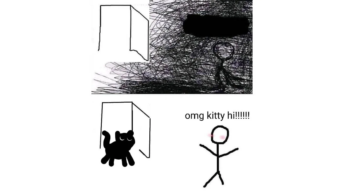 OMG X Hi!!! — Two-panel comic: sad stick figure with black eye bar in dark scribbled room above, same figure with blushing cheeks greeting a black cat with