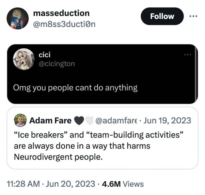 OMG You People Can't Do Anything — Masseduction tweet pairing the cici 'Omg you people cant do anything' screenshot with Adam Fare's tweet about team-building