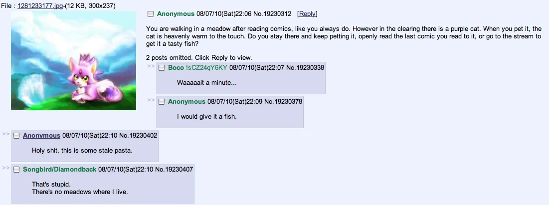 OMGWTFBBQ — 4chan thread screenshot with purple cat image and user comments