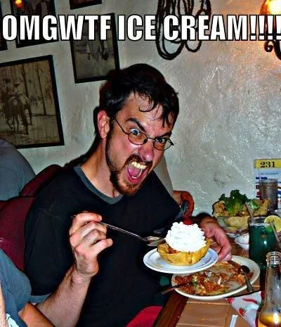 OMGWTFBBQ — Man excitedly eating ice cream with OMGWTF ICE CREAM text