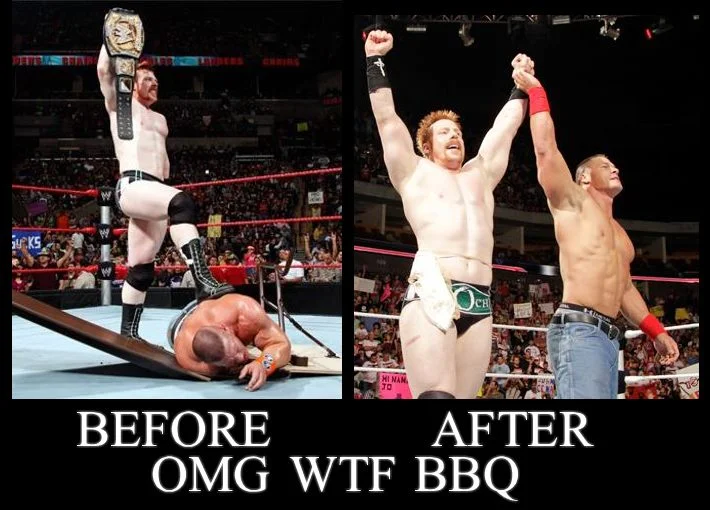 OMGWTFBBQ — WWE Sheamus before and after comparison with OMG WTF BBQ text