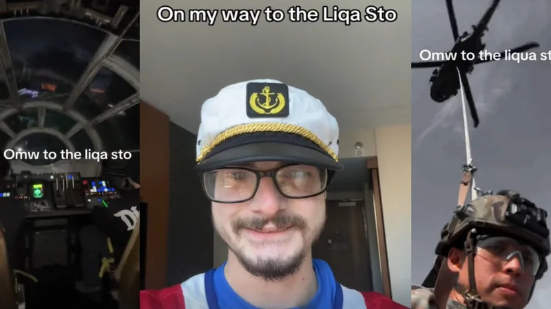 Omw To The Liqa Sto — Collage of person in captain's hat piloting aircraft, driving car, and operating helicopter.
