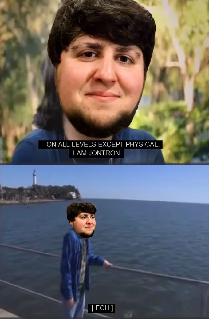 On All Levels Except Physical I Am A Wolf — Two-pane bearded man meme 'On All Levels Except Physical, I Am JonTron' with '[ECH].'