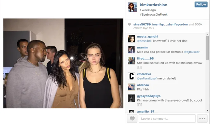 On Fleek — Instagram screenshot of Kim Kardashian's eyebrows with #EyebrowsOnFleek hashtag.