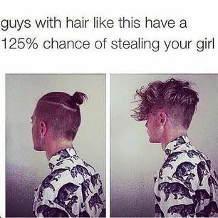 On My Way To Steal Yo Girl — Two men with purple and styled hairstyles with text about haircuts and stealing girls.