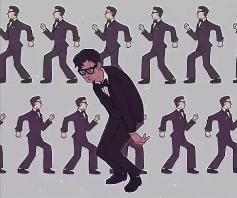 Once in a Lifetime — Animated cartoon GIF of David Byrne bobbing with duplicated walking figures behind him.