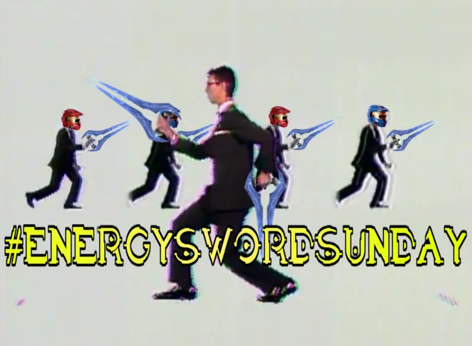 Once in a Lifetime — David Byrne dancing edit with Halo Energy Swords and Spartan helmets labeled '#EnergySwordSunday'.