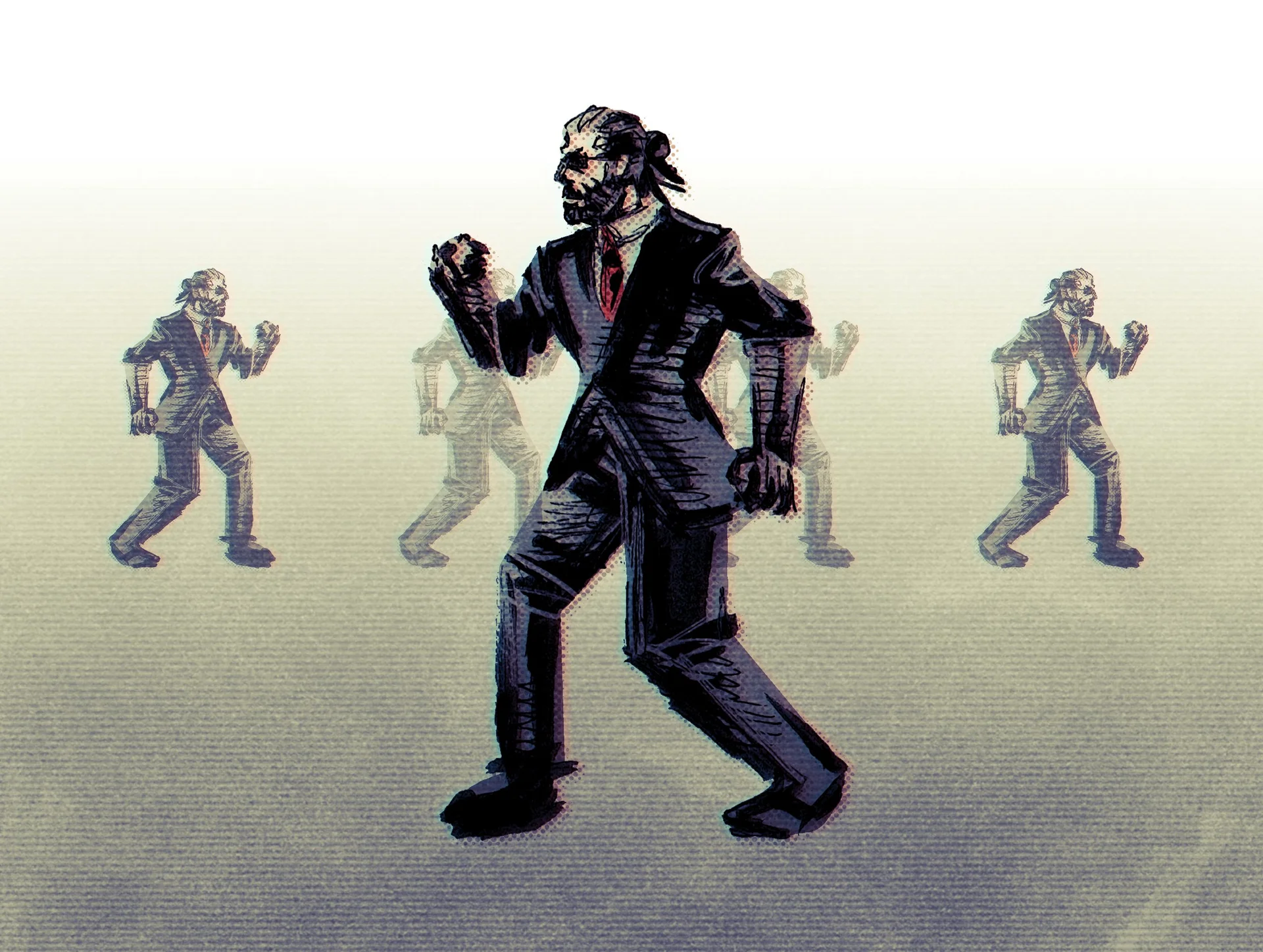 Illustrated halftone artwork of a suited man in the 'Once in a Lifetime' dance pose with echoing background copies.