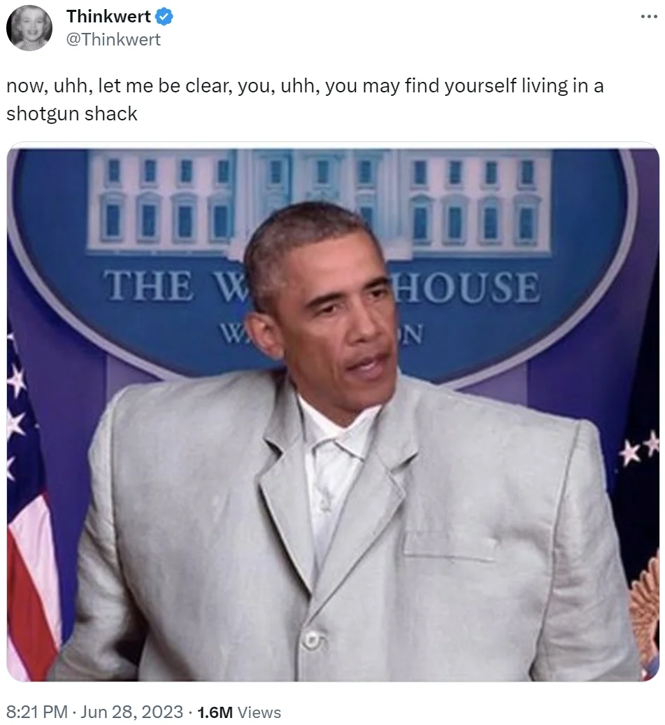 Tweet screenshot with an Obama photo captioned with a paraphrased 'Once in a Lifetime' lyric about a shotgun shack.
